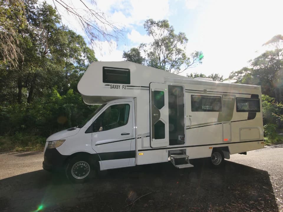 Saxby F-2 demo — entry door open with dual electric steps deployed