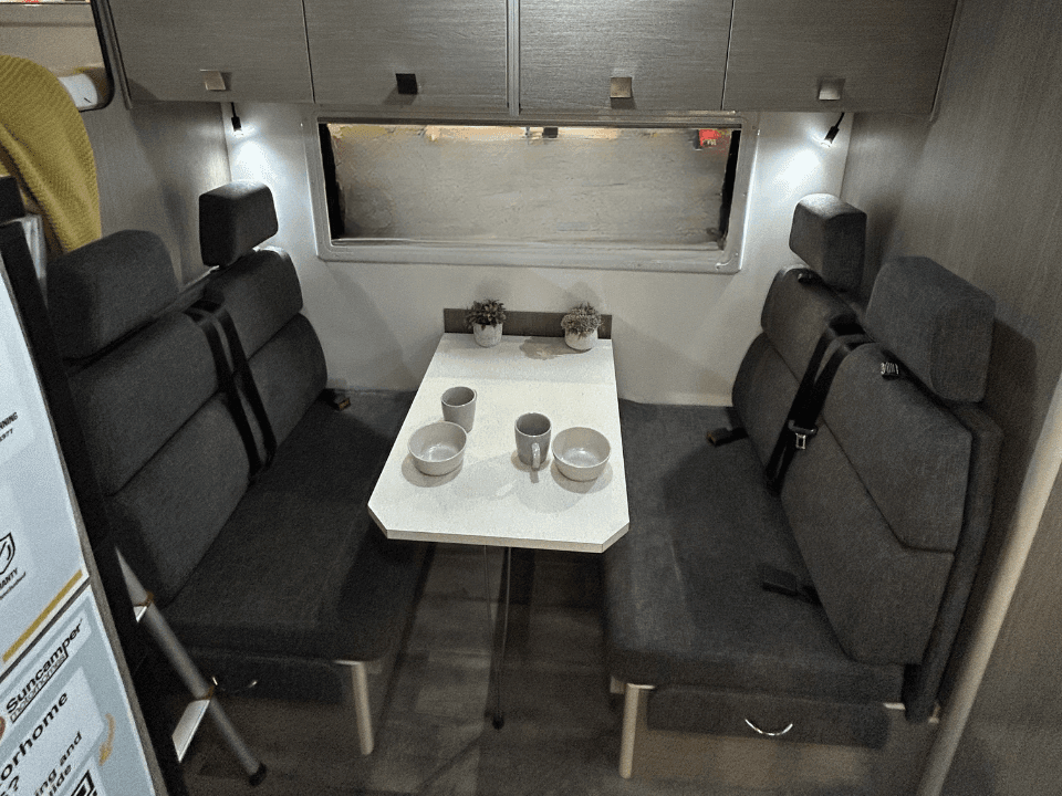 2024 Saxby F-2 demo interior — club lounge seating with swivel table