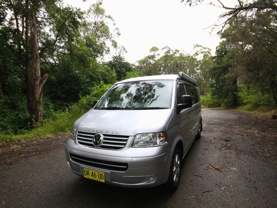 2007 Trakka Trakkadu T5 campervan — front three-quarter driver's side exterior on Volkswagen T5 with pop-top roof down