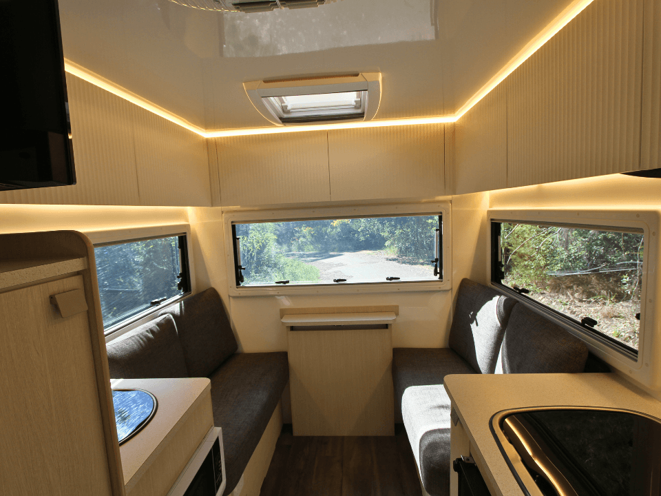 2024 Suncamper Sherwood E-2 interior — lounge with ambient LED lighting