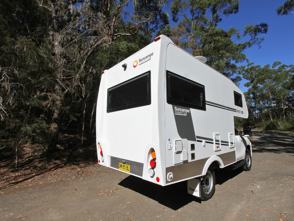 2024 Suncamper Sherwood E-2 exterior — rear three-quarter view