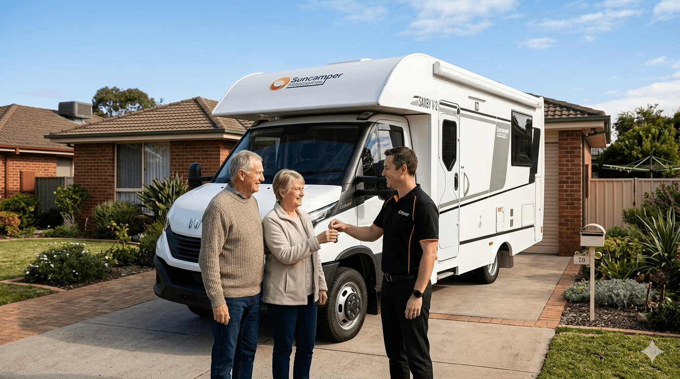 Retired couple handing over the keys of their Suncamper motorhome to a Northside RV representative at their suburban home