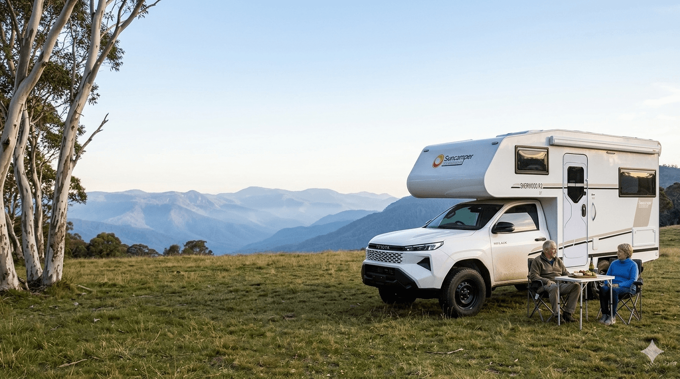 Retired couple enjoying wine and a grazing board beside their Suncamper Sherwood R-2 motorhome in the Australian High Country